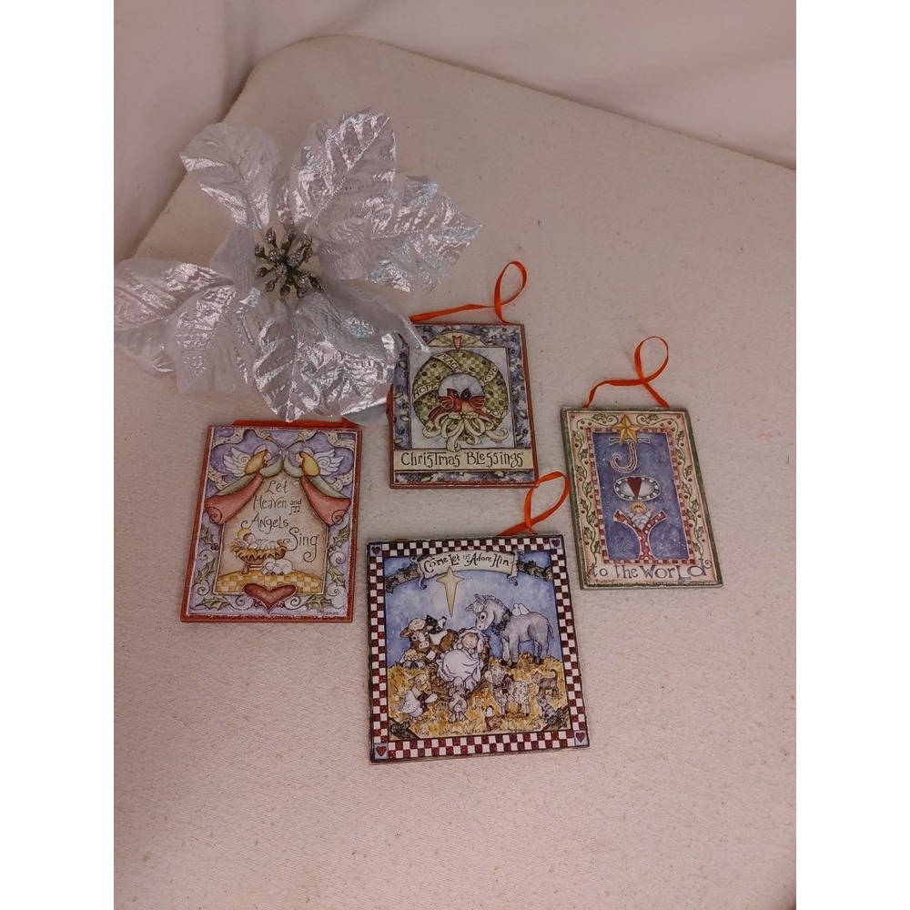 Bundle 4‎ Christmas Ornament Wood Mini Small Sign Baby Jesus Joy Snowman